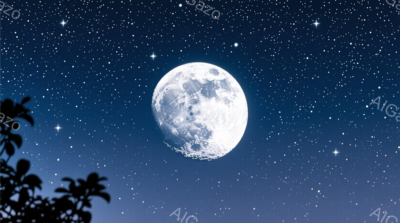 深い青色の空には、満月が大きく輝き、その表面にはクレーターや月の模様がはっきりと見えます。画面左下にはシルエット状のヤシの葉が少しだけ映り、夜空に奥行きを与えています。星々が満天に広がり、静かで神秘的な雰囲気を醸し出しています。