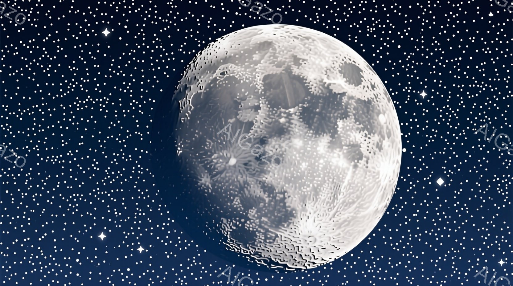 夜空に輝く満ち欠けの月を捉えたものです。月の表面はクレーターや影で覆われ、その質感は非常に詳細に表現されています。背景は無数の星が散りばめられた暗い宇宙空間であり、静かで神秘的な雰囲気を醸し出しています。