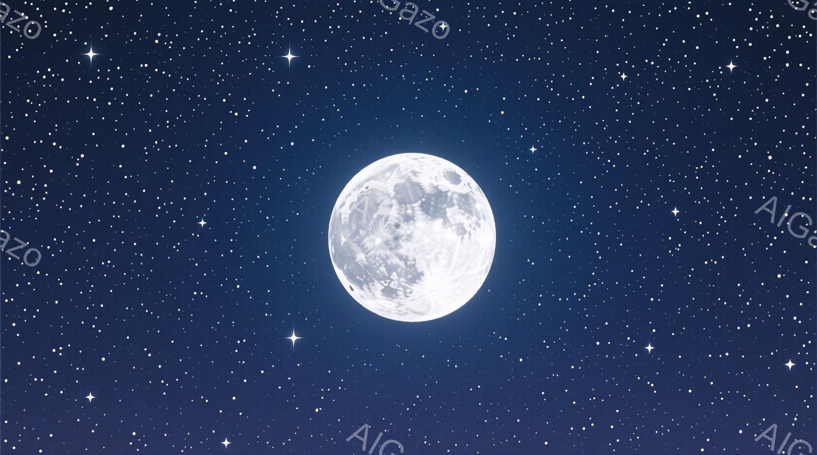 深い紺色の夜空に、満月が大きく浮かび上がっている。月の表面は白く、クレーターや陰影がはっきりと見え、まるで立体的な模様のようだ。無数の星が夜空を彩り、静かで神秘的な雰囲気を醸し出している。