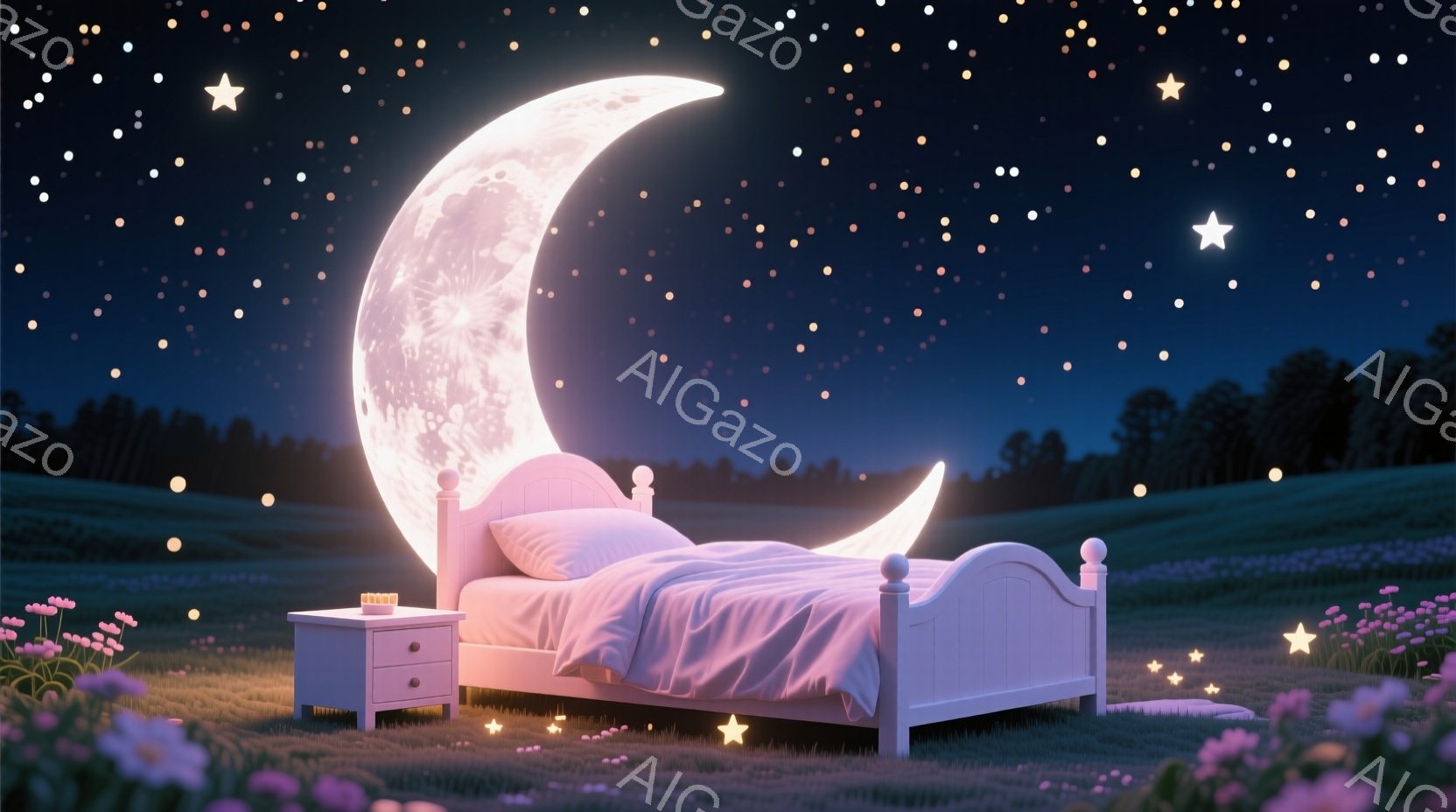 夜空の下、緑の草原に白いベッドが置かれており、満月がベッドの背後に大きく輝いている。ピンク色のベッドリネンと枕が柔らかく、ベッドサイドテーブルには小さなランプが置かれている。周囲には星と小さな光が散り - AI生成フリー素材
