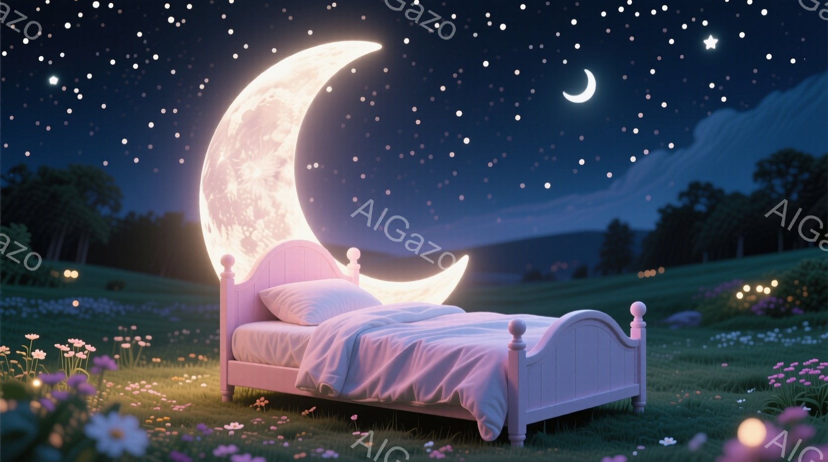 夜空の下、緑の草原にピンクのベッドが置かれています。巨大な満月がベッドの背景に輝き、ベッドの上には白い枕と毛布が置かれています。周囲には小さな花々が咲き乱れ、星空が幻想的な雰囲気を醸し出しています。 - AI生成フリー素材