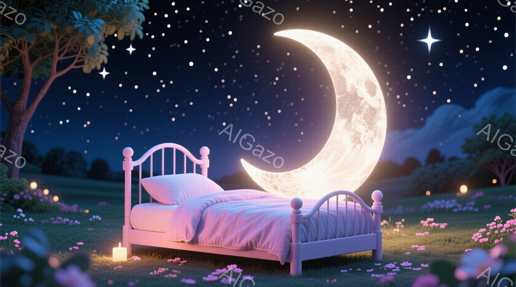 夜空の下、緑の草原に白いベッドが置かれています。満月がベッドの背後に大きく輝き、周囲には小さな光が散りばめられ、幻想的な雰囲気を醸し出しています。ピンク色の花々が草原を彩り、夢のような夜の情景を描き出しています。