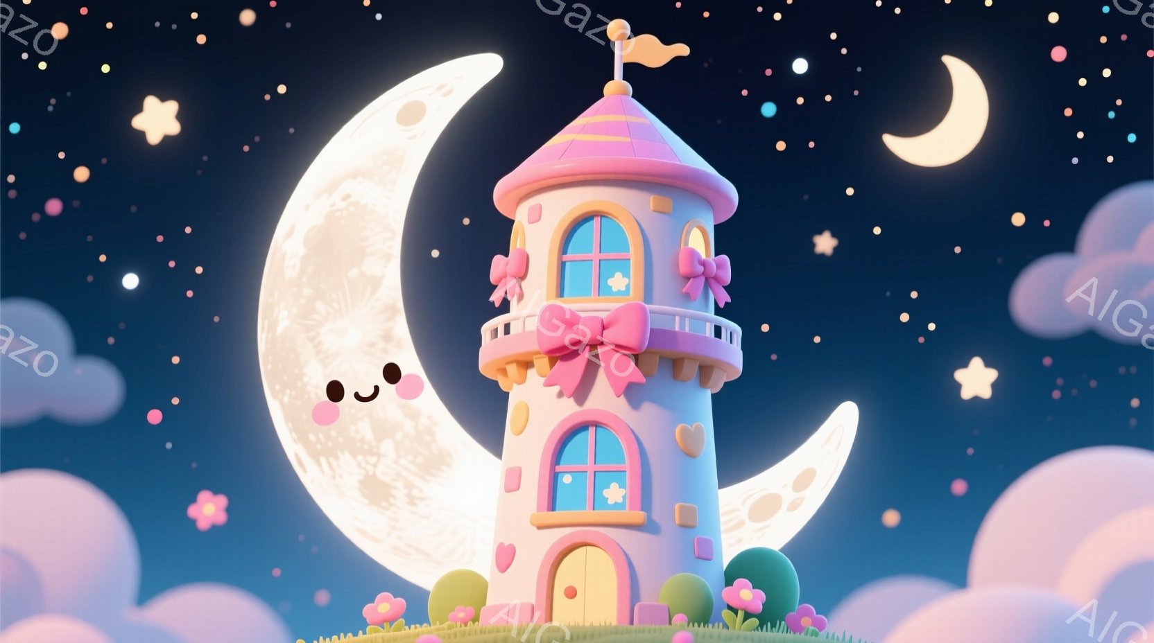 夜空を背景に、可愛らしい月の塔が描かれています。塔はピンク色で、リボンや星の装飾が施され、おとぎ話のような雰囲気を醸し出しています。背景にはふわふわとした雲と星が散りばめられており、夢のような幻想的な - AI生成フリー素材