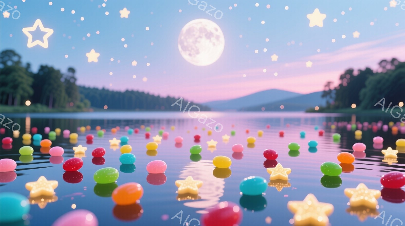 穏やかな湖面には、カラフルなキャンディのような星が浮かび、幻想的な光景を作り出しています。遠景には緑豊かな山々が連なり、夜空には満月が輝き、ロマンチックで夢のような雰囲気を醸し出しています。湖面は静か - AI生成フリー素材