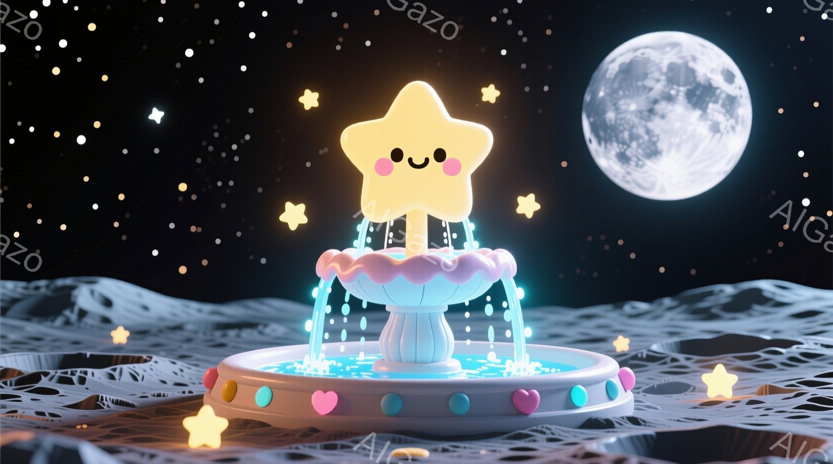 月面を背景にしたファンタジーな情景を描いています。中央には、星の形をした笑顔のキャラクターが、ピンクと水色の噴水の上に乗っており、周囲には星の形の光が散りばめられています。全体的に、柔らかい色合いと可 - AI生成フリー素材