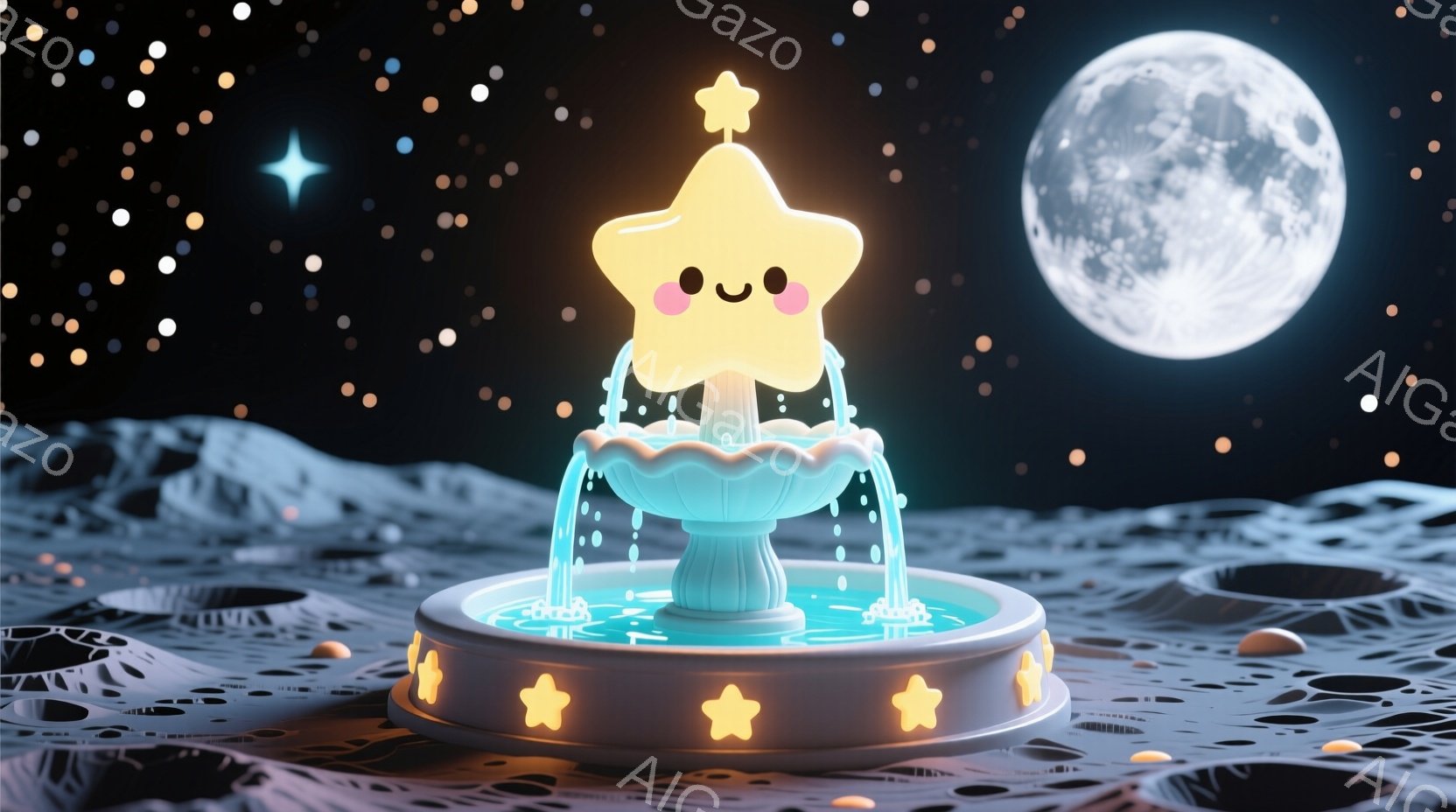 宇宙を背景に、星の形をした可愛らしい噴水が描かれています。噴水は水色の構造で、周囲には小さな星形の光が配置され、月の光が宇宙空間に輝いています。全体的に幻想的で、夢のような雰囲気です。