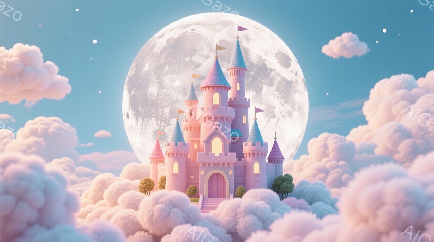 薄いピンク色の可愛らしいお城が、ふわふわとした綿菓子のような雲の上に浮かんでいます。お城には小さな塔が複数あり、屋根は薄い紫色で、旗がはためいています。背景には大きく明るい満月が輝き、全体的に夢幻的で優しい雰囲気を醸し出しています。