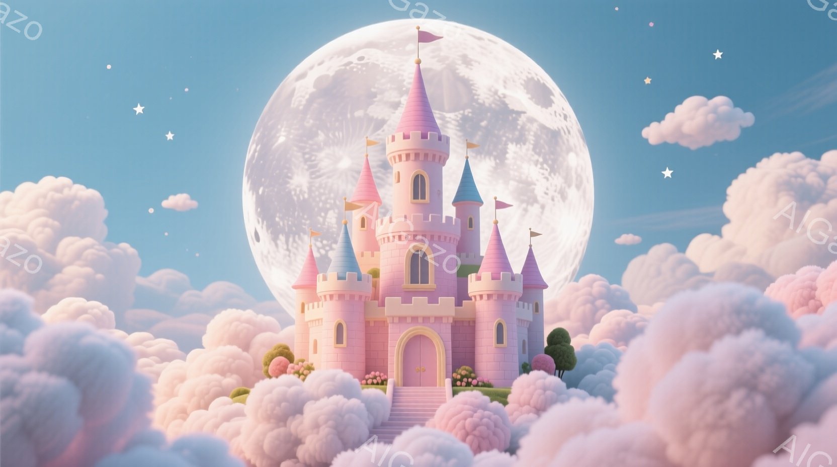 淡いピンク色の美しいお城が、ふわふわとした綿菓子のような雲の上に浮かんでいます。お城には高い尖塔がいくつかあり、窓とアーチ型の入り口が施されています。背景には、大きく明るい満月が輝き、全体的に夢幻的で優しい雰囲気を醸し出しています。