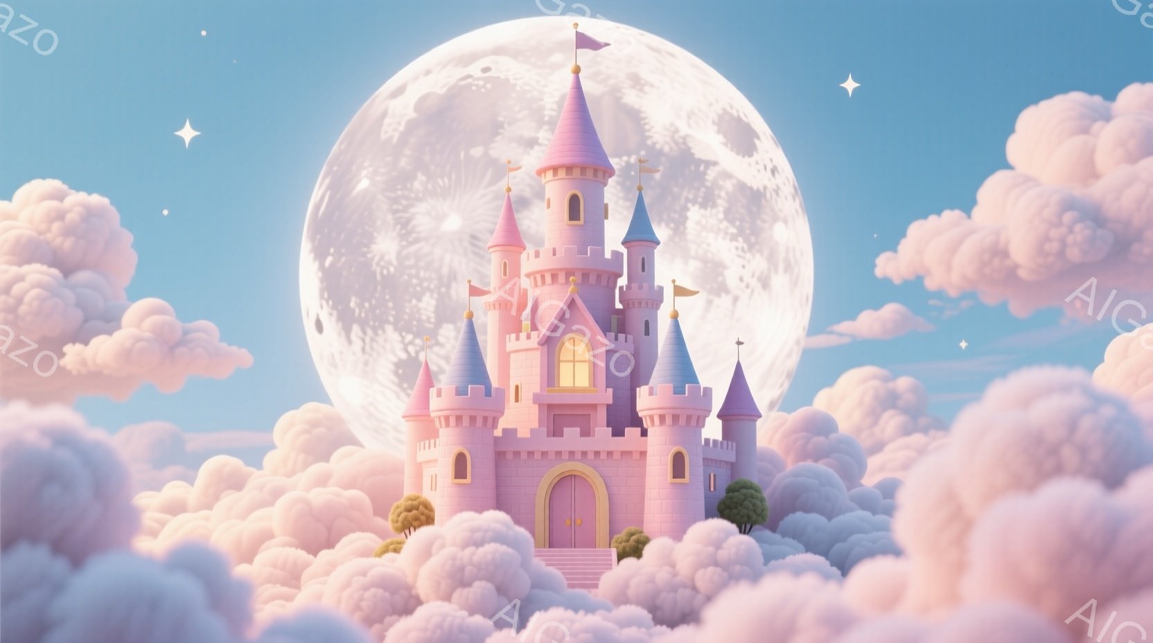 淡いピンク色の可愛らしいお城が、ふわふわとした雲の上に浮かんでいます。お城には旗が飾られ、庭には小さな木々が植えられており、まるで絵本の世界のようです。背景には大きな満月が輝き、夢のような優しい雰囲気を醸し出しています。