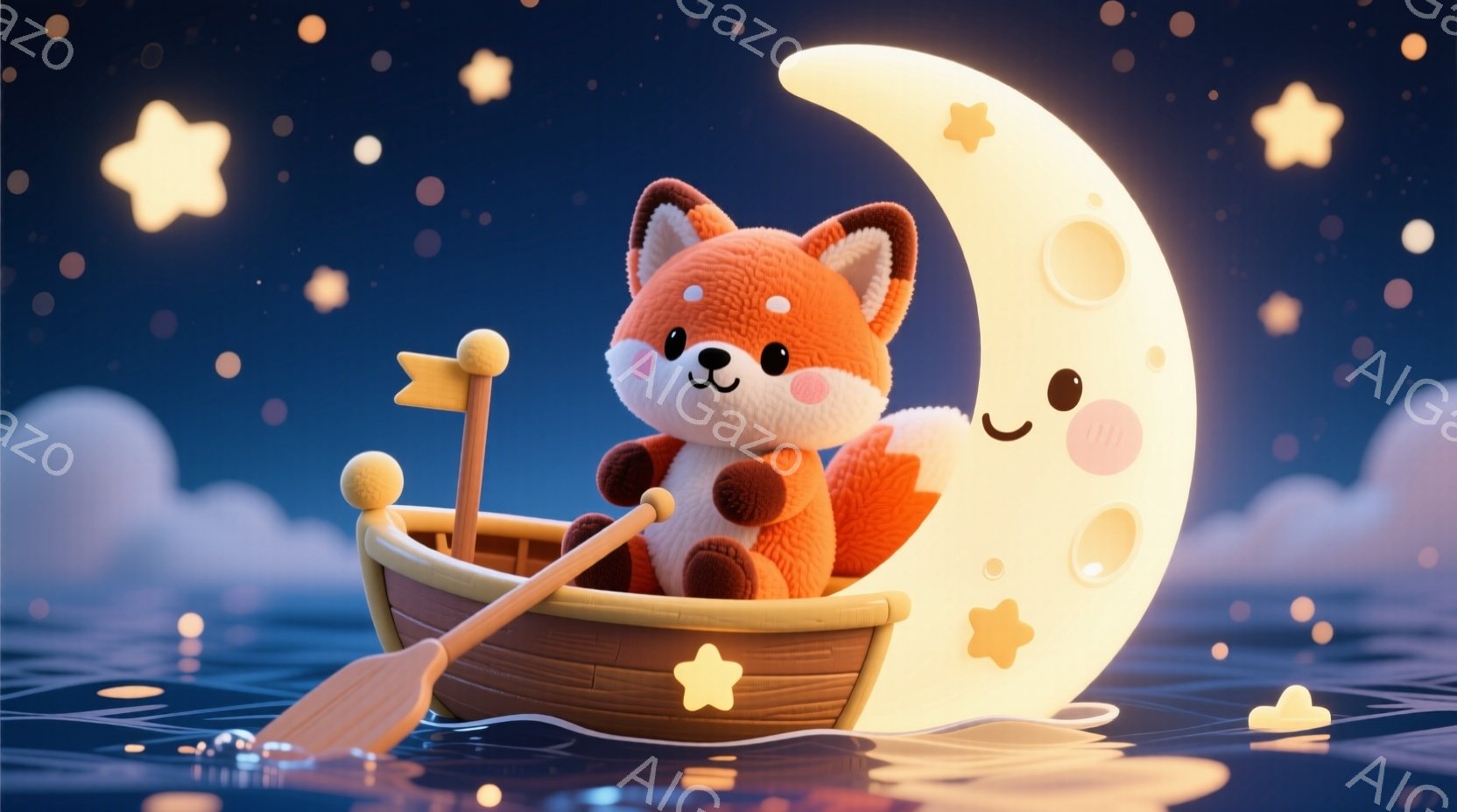 鮮やかなオレンジ色の毛並みの小さなキツネが、小さなボートに乗って夜の海を航海しています。キツネは白いベストを着ており、前方を向いて穏やかな表情を浮かべています。背景には、星が輝く暗い青い海と、ぼやけた - AI生成フリー素材