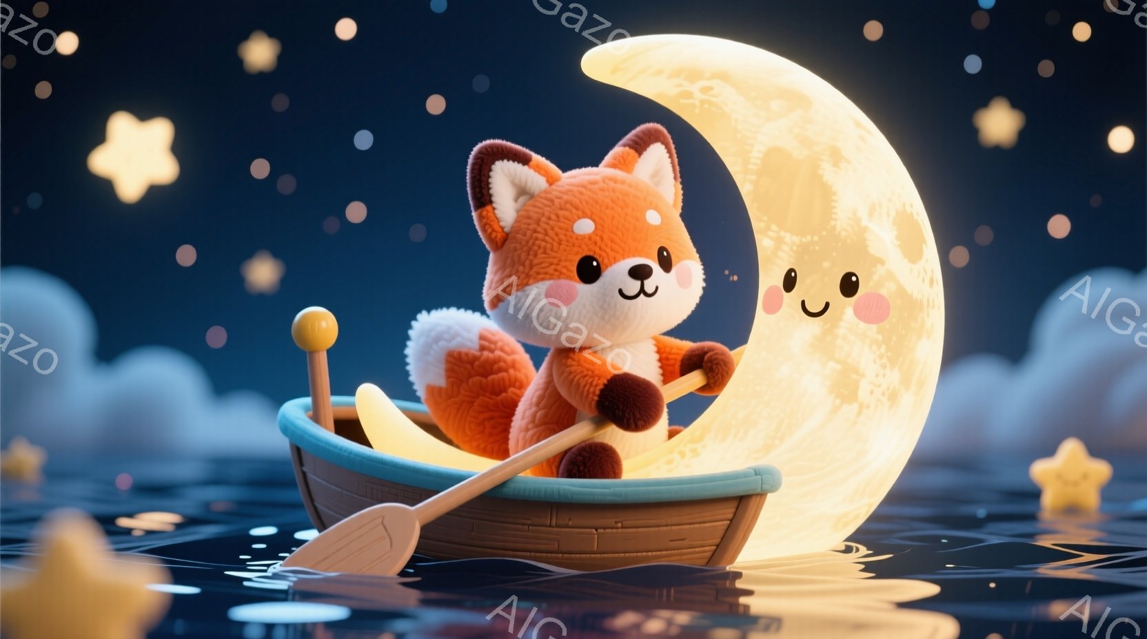 明るい満月を背景に、かわいらしいキツネが小さなボートを漕いでいます。キツネはオレンジ色の毛並みで、つぶらな瞳と笑顔が印象的です。背景には、きらめく星々と穏やかな水面が広がり、幻想的な雰囲気を醸し出して - AI生成フリー素材