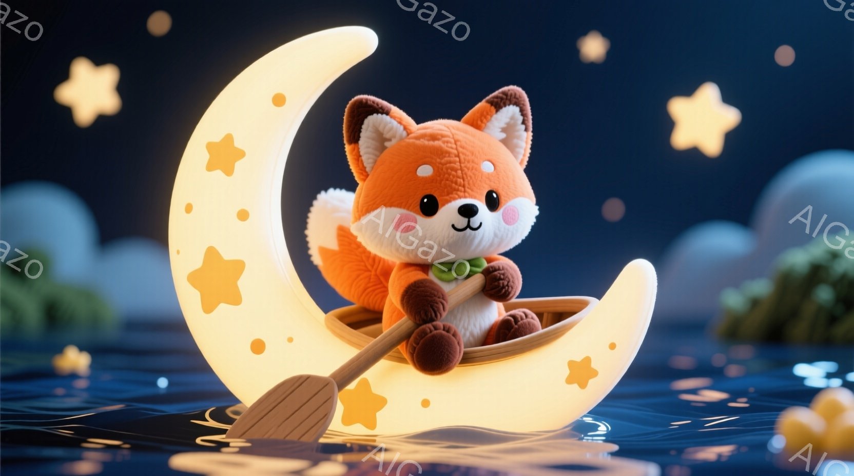 明るい月の形をしたボートに乗ったふわふわのオレンジ色のキツネが描かれています。キツネは緑の葉っぱを首に飾り、小さなオールを使って水面を進んでいます。背景には星空と、ぼんやりとした緑色の島々が浮かび、幻 - AI生成フリー素材