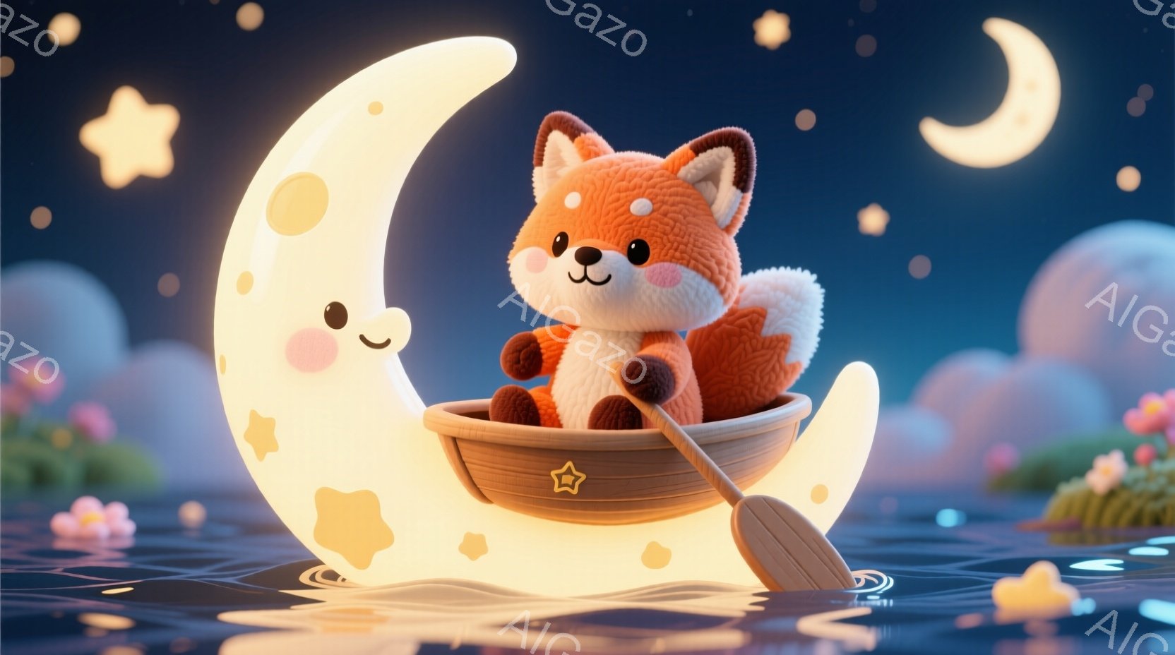 明るい月の形をしたボートに乗って、オレンジ色の毛並みの小さなキツネが穏やかに水面を進んでいます。キツネはクリーム色のベストを着ており、片手に小さなオールを持ち、優しい表情を浮かべています。背景には、パ - AI生成フリー素材