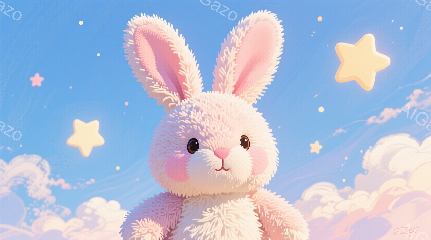 ふわふわとしたピンク色のウサギが、優しい表情で正面を見つめています。背景は水色の空と、綿のような淡いピンクと白の雲で満たされ、星が散りばめられています。全体的に柔らかく、夢のような、おとぎ話のような雰 - AI生成フリー素材