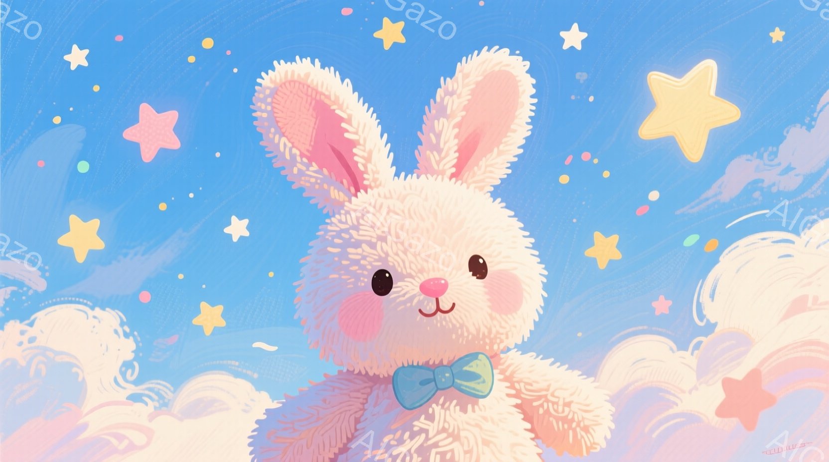 ふわふわとした白い毛並みを持つウサギが描かれており、ターコイズブルーのリボンをつけている。ウサギは少し上を見ているようで、丸い頬が可愛らしい表情を際立たせている。背景にはパステルカラーの雲と星が散りば - AI生成フリー素材