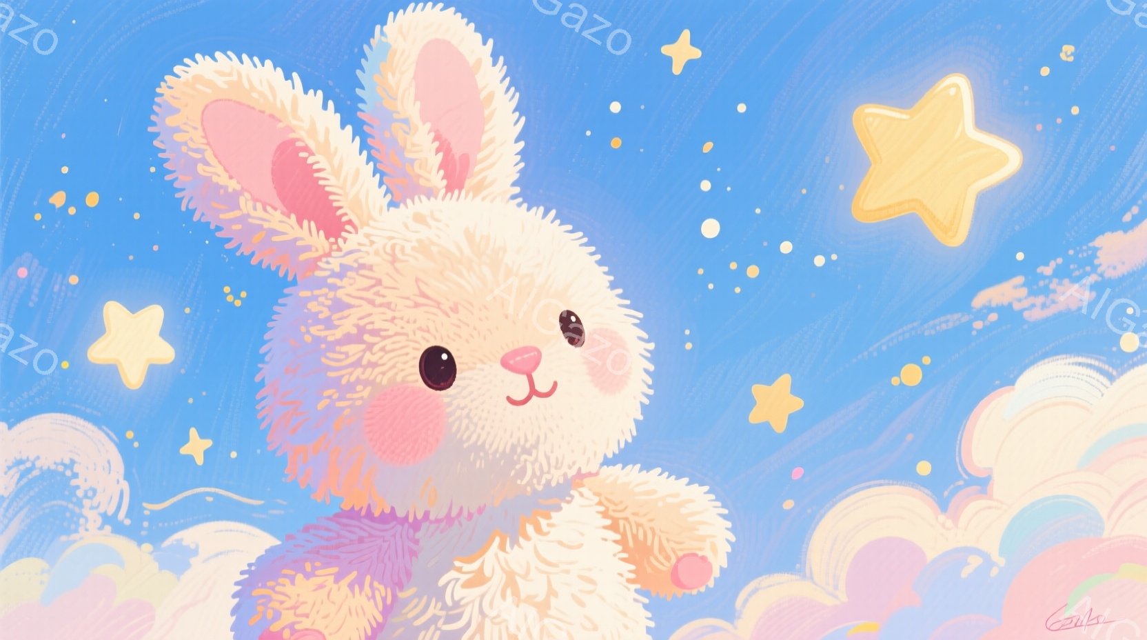 ふわふわの白い子ウサギが、ピンクと紫色の可愛らしい服を着ています。ウサギは少し上目遣いで、頬はほんのりピンク色で可愛らしい表情をしています。背景はパステルカラーの雲と星が散りばめられており、夢のような優しい雰囲気です。