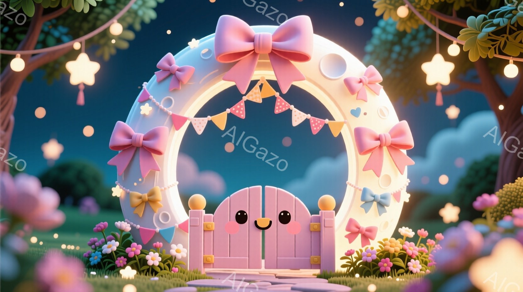 柔らかいピンク色のアーチが印象的な画像です。アーチにはカラフルなリボンや旗が飾られており、中央には可愛らしい笑顔のピンク色のドアがあります。背景には緑の草地と花々が広がり、優しい光の星が夜空を彩る、夢 - AI生成フリー素材
