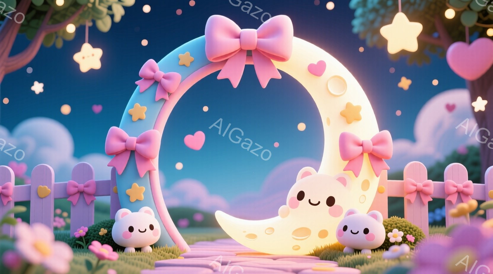 明るい黄色の三日月が中央に配置され、その周りをピンク色のリボンと星が飾る可愛らしいイラストです。三日月の両脇には、同じくピンクのリボンが付いた黄色いウサギが立っており、それぞれ愛らしい表情をしています - AI生成フリー素材