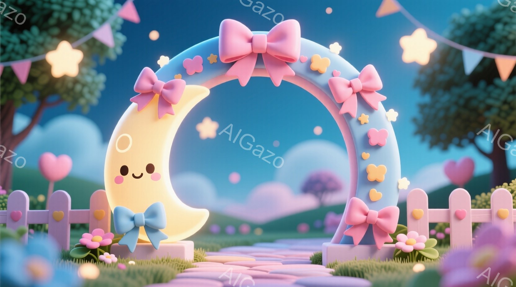 柔らかいパステルカラーで構成された夢のような風景です。青い月のアーチが中央にあり、ピンクのリボンと星で飾られています。背景には、ふわふわした雲、ピンク色の花、そして可愛らしい柵が広がり、全体的に優しい - AI生成フリー素材