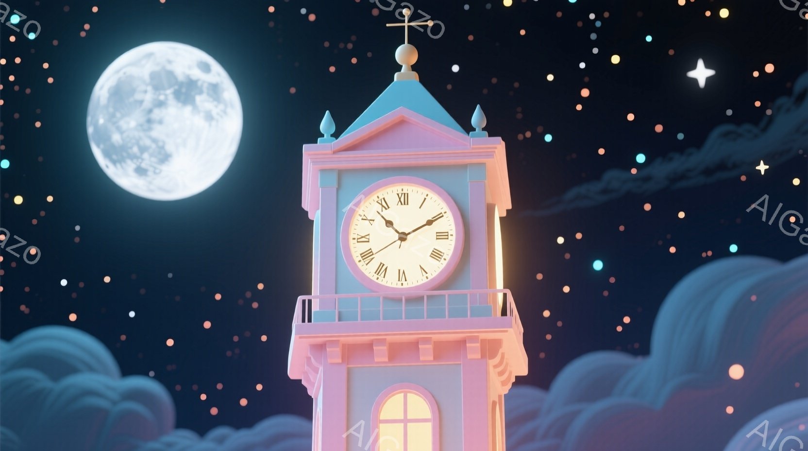 夜空に浮かぶ時計台が印象的な画像です。淡いピンクと水色の優しい色合いの時計台は、温かい光を放ち、その下にはふわふわとした雲が広がっています。満月と星空がロマンチックな雰囲気を醸し出し、まるで絵本のような世界観を作り出しています。
