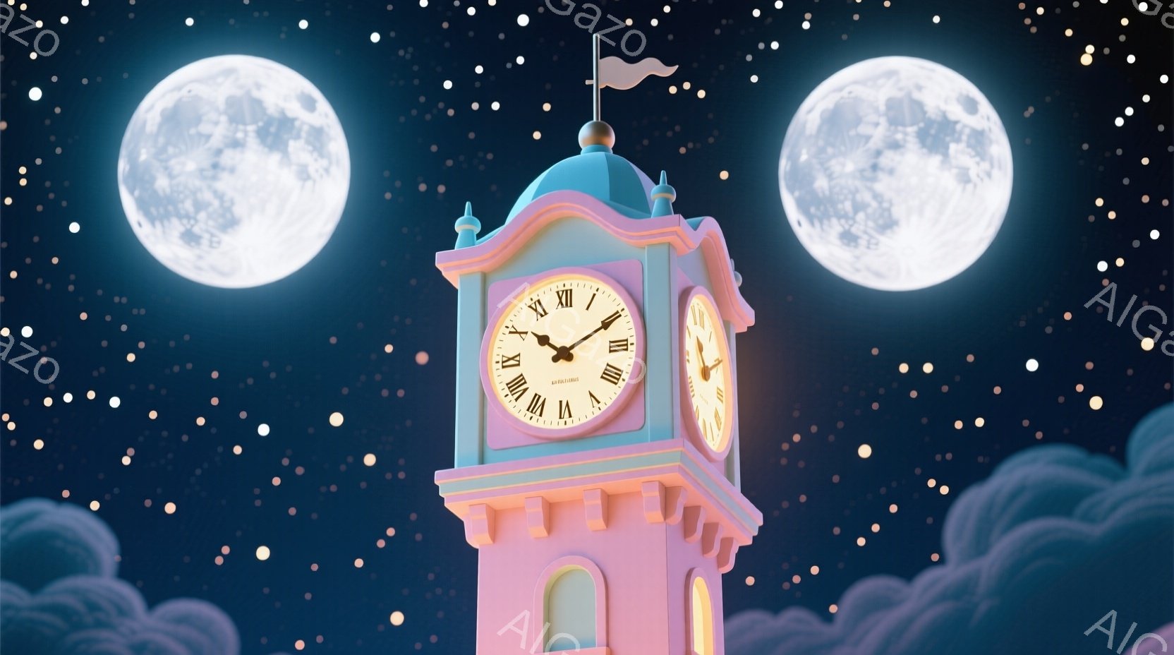 夜空を背景に、ピンク色の時計台が描かれています。時計台は白く縁取られ、青いドーム型の屋根に旗が飾られています。暗い青色の雲が時計台の周りを覆い、夜空には無数の星が輝いています。