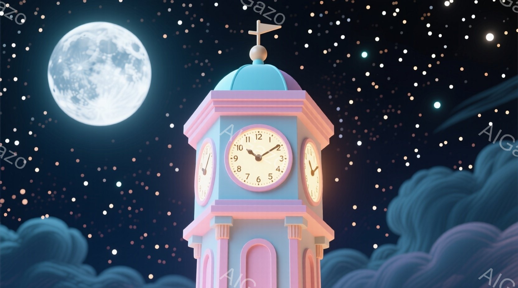 夜空に浮かぶ、パステルカラーの時計台が印象的な画像です。満月が輝き、時計台の周りにはふわふわとした雲が漂っています。全体的に夢見がちな、幻想的な雰囲気で、夜空には小さな星々が散りばめられています。