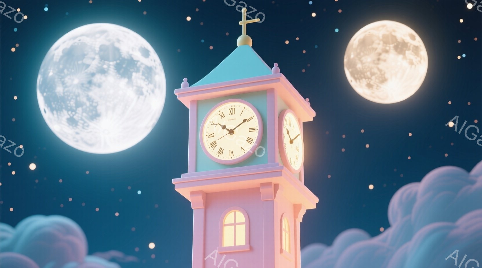 深い青色の夜空に、パステルピンクと水色の可愛らしい時計台が浮かび、両脇には丸い雲が配置されています。時計台には明かりが灯っており、背景には無数の星が輝き、満月が二つ浮かんでいます。全体的に夢幻的で、穏やかな雰囲気が漂っています。