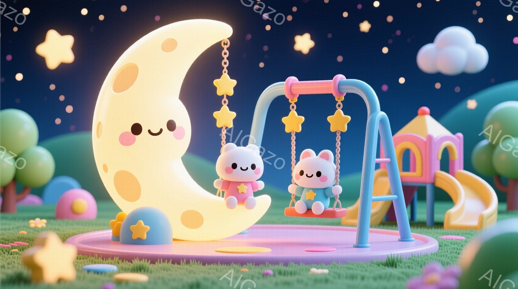 柔らかい黄色い三日月が大きなブランコを支え、そのブランコにはピンク色の服を着た白いウサギのキャラクターが座っています。背景にはパステルカラーの丸い建物や木々、そして星空が広がり、全体的に夢のような、温 - AI生成フリー素材