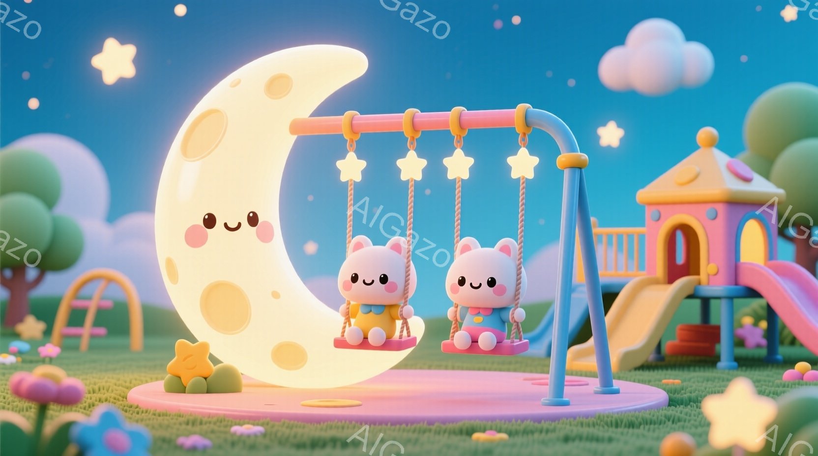 明るい黄色いクレヨン風のイラストで、月の形をした背景に、可愛らしいウサギの双子がブランコに乗っています。双子はピンクと紫のオーバーオールを着て、満面の笑みを浮かべ、楽しそうにブランコを漕いでいます。背景には、カラフルな遊具や星が散りばめられ、夢のような、遊び心にあふれた雰囲気が漂っています。