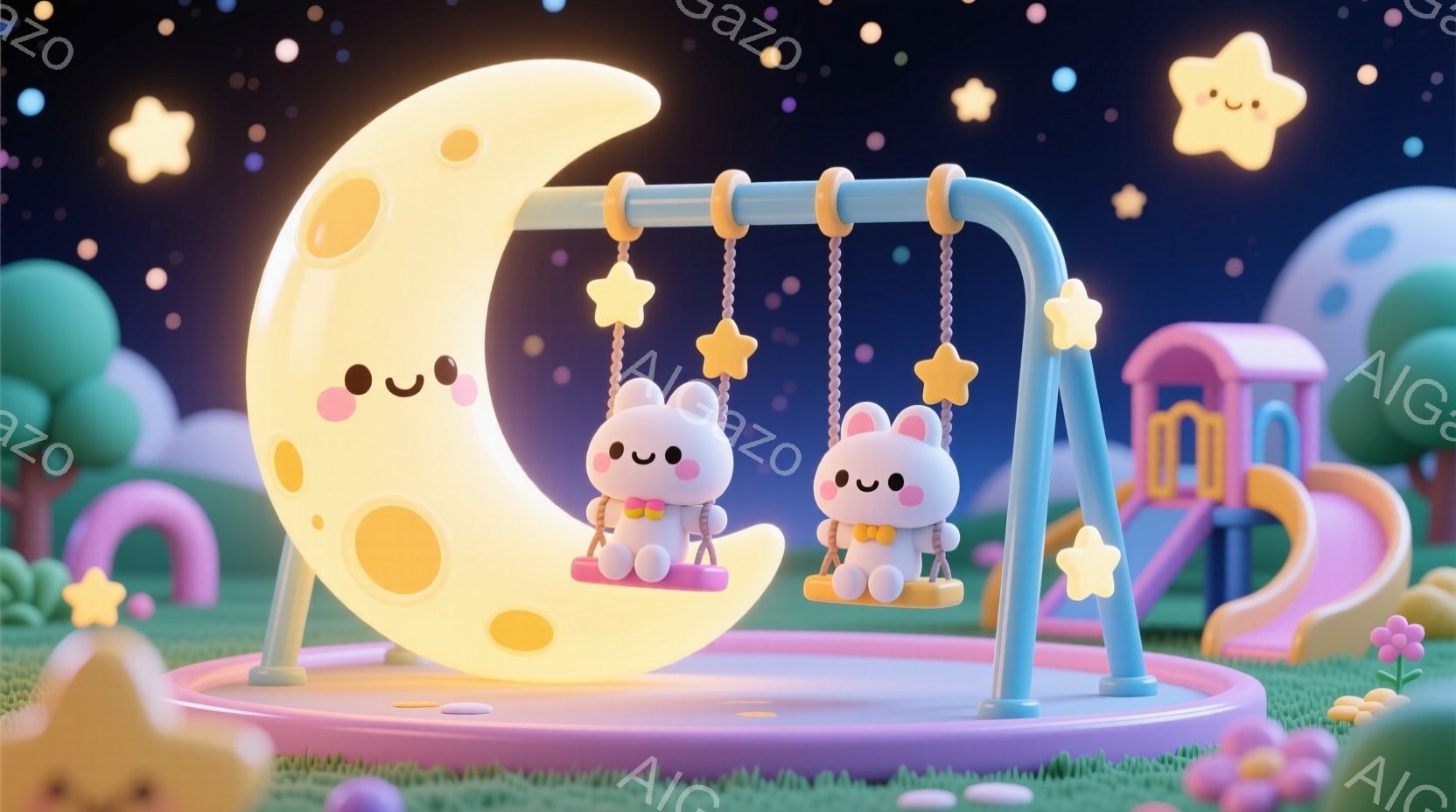 鮮やかな色彩のファンタジー世界で、二匹の白い子ウサギが月を模したブランコに乗って楽しんでいます。ウサギたちはそれぞれ黄色のベストを着ており、つぶらな瞳と微笑みを浮かべています。背景には、パステルカラー - AI生成フリー素材