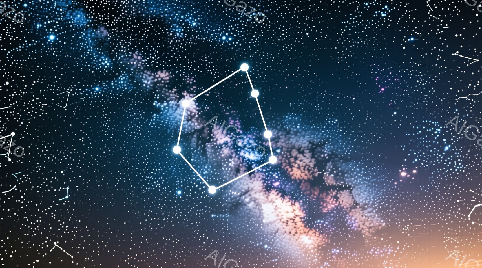 深い青と紫を基調とした宇宙空間が広がり、無数の星々が輝いている。銀河の中心部分は、ピンクやオレンジが混ざり合い、幻想的な光景を作り出している。白い線で描かれた七角形が銀河の中に浮かび、星座や星図の一部 - AI生成フリー素材