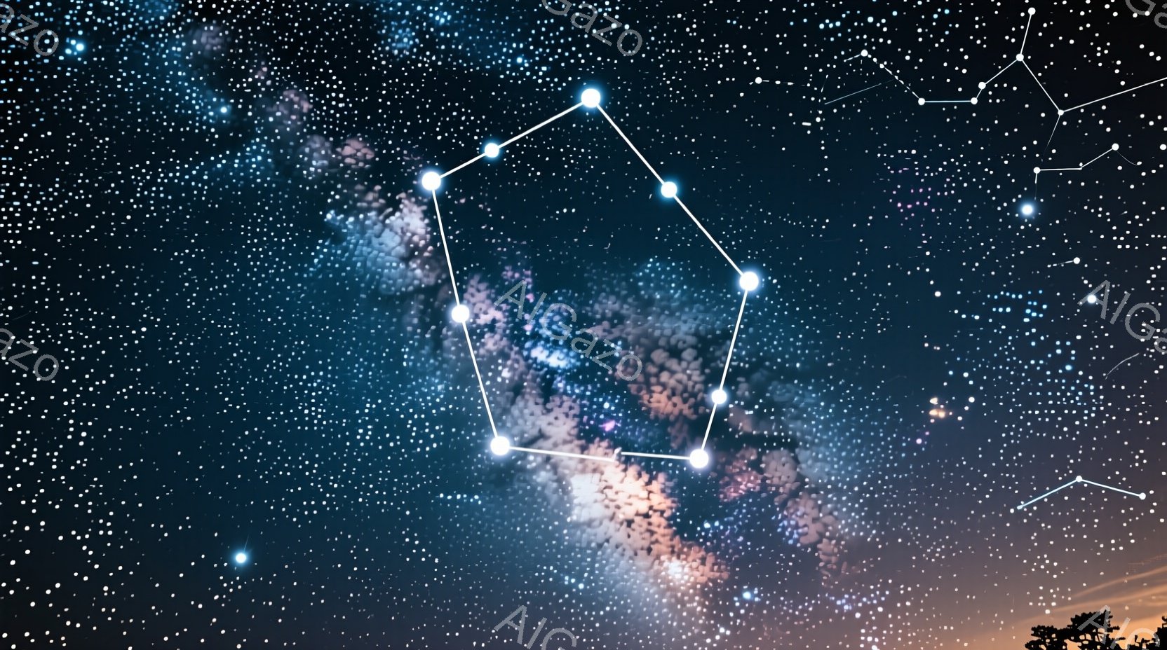 暗い夜空に無数の星が輝き、銀河が広がる様子が描かれています。星と星を結んで作られた六角形が、空の中心に浮かび上がっています。地平線付近には、暗いシルエットの木々が見え、幻想的な雰囲気を醸し出しています - AI生成フリー素材