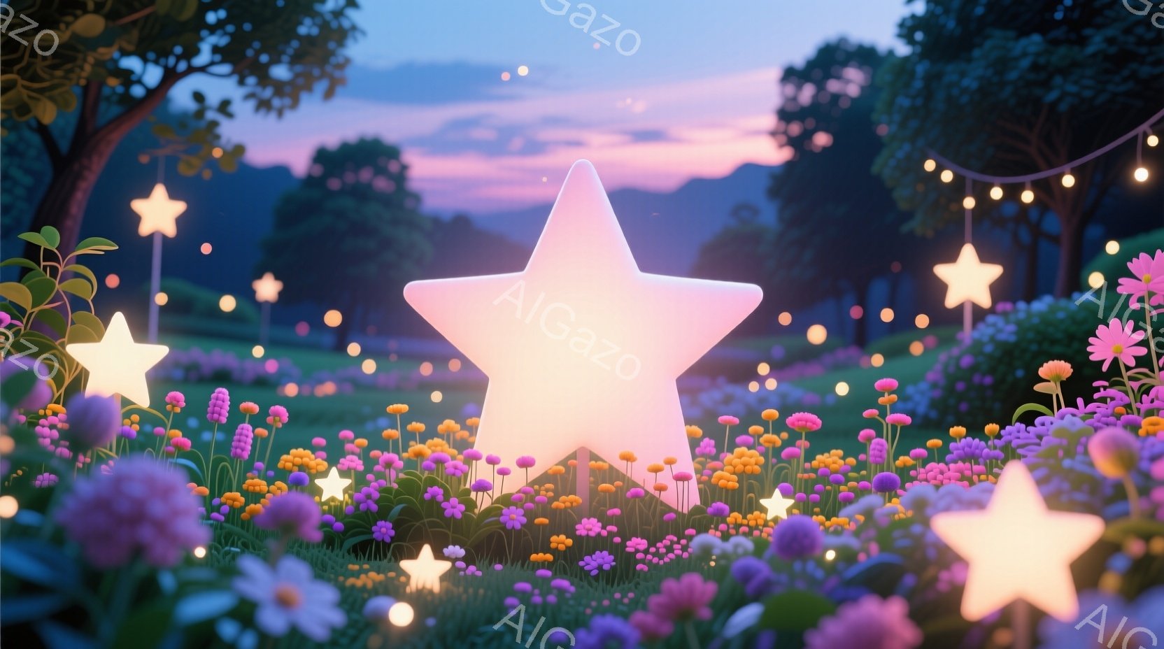 鮮やかなピンク、オレンジ、黄色の花々が咲き乱れる草原に、光り輝く星形のイルミネーションが点在している。背景には、緑豊かな木々が生い茂り、夕焼け空が優しい光を投げかけている。全体的に幻想的で、温かく穏や - AI生成フリー素材