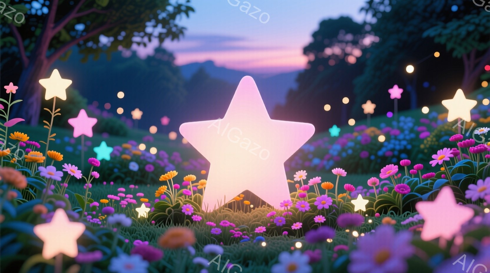 広大な草原に色とりどりの花々が咲き乱れ、その中に光り輝く星が点在している様子が描かれている。背景には緑豊かな木々が立ち並び、夕焼け空が幻想的な雰囲気を醸し出している。全体的に柔らかく温かい光が差し込み - AI生成フリー素材