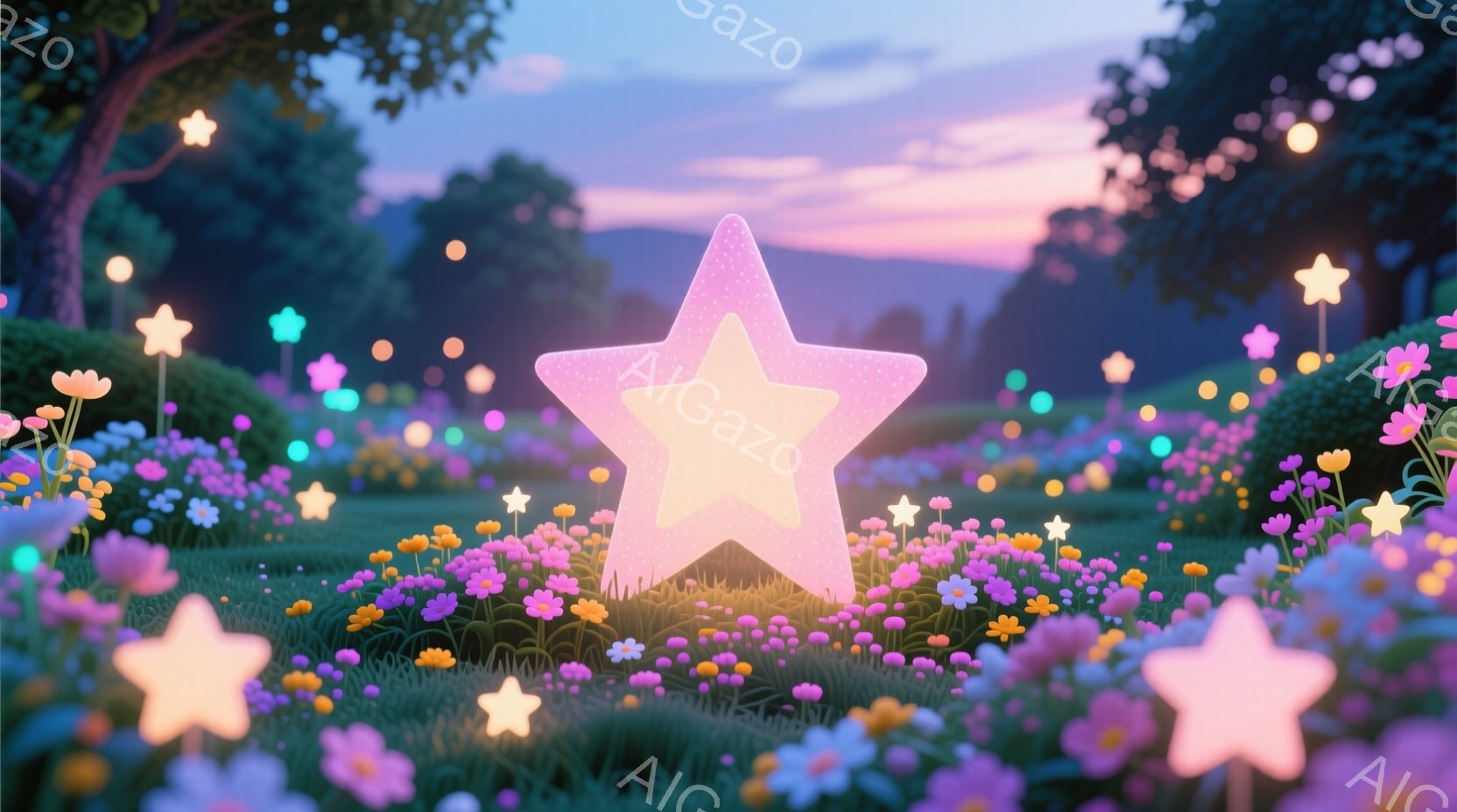 夜明けのような空の下、緑の草原が広がり、ピンク、紫、黄色の小さな花々が咲き乱れている。草原の中には、光り輝く星形のオブジェクトが複数散りばめられており、幻想的な雰囲気を醸し出している。背景には、ぼやけ - AI生成フリー素材