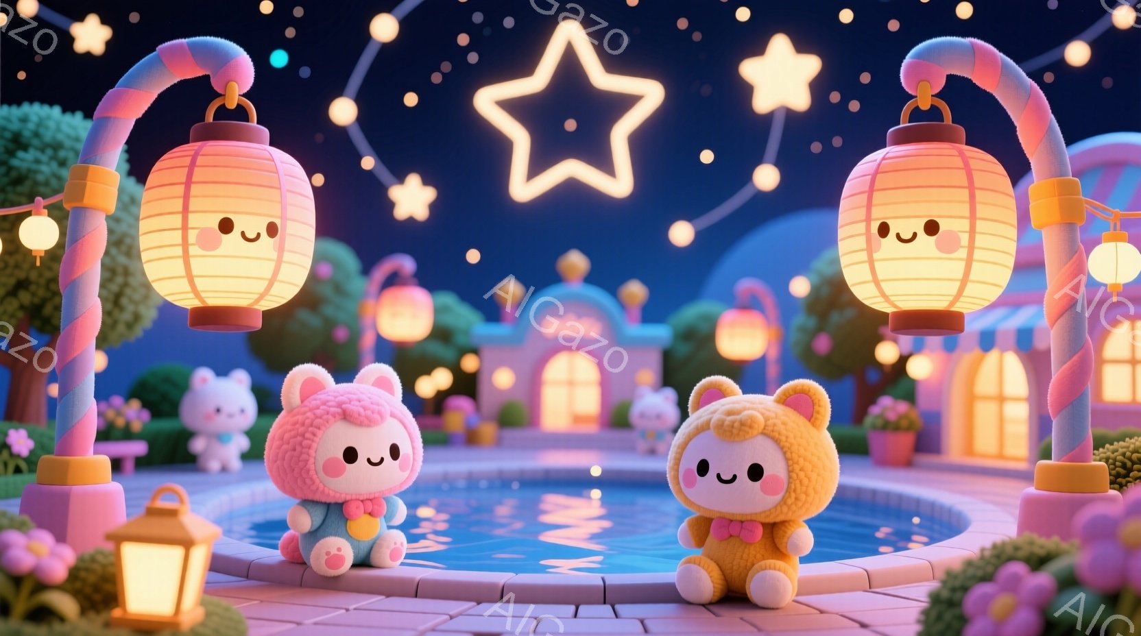 ふわふわとした毛並みのうさぎのキャラクターが二人、夜の公園らしき場所で楽しんでいます。ピンクと黄色の服を着て、それぞれ赤いリボンをつけており、穏やかな笑顔を浮かべています。背景には、ライトアップされた - AI生成フリー素材