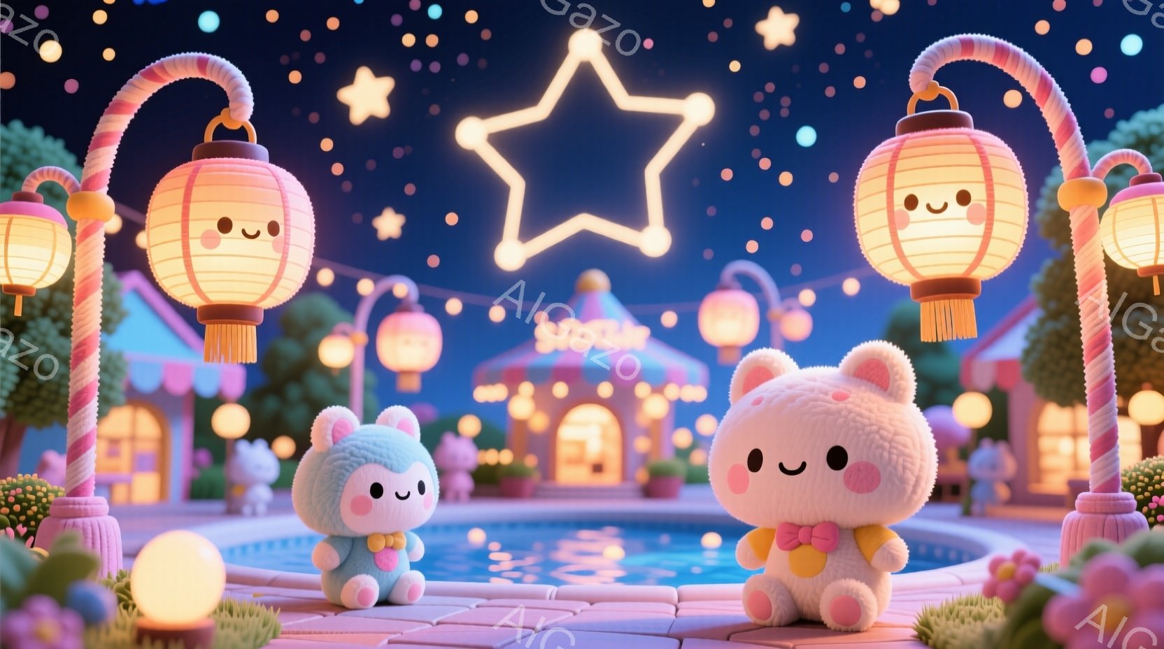 ふわふわとしたウサギのキャラクターが2匹、水たまりのそばに座っています。どちらもピンク色のリボンをつけており、丸い顔とつぶらな瞳で愛らしい表情をしています。背景には、ライトアップされた建物、キャンディ - AI生成フリー素材