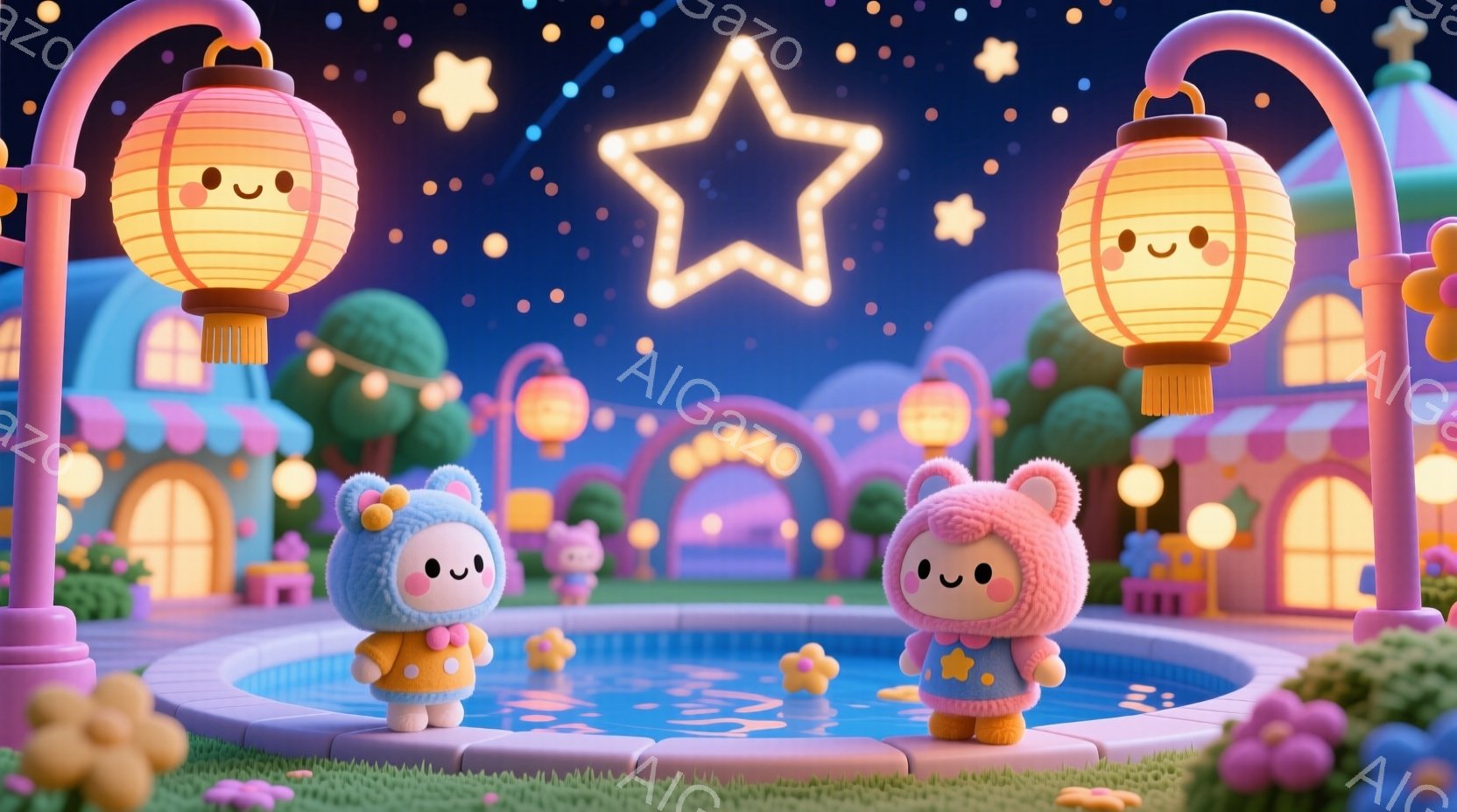 ふわふわしたピンクと水色のウサギのキャラクターが、夜の遊園地の噴水前に立っています。二人は同じようにオレンジ色のベストと、頭にふわふわの耳のついた帽子をかぶっており、満面の笑みを浮かべています。背景に - AI生成フリー素材