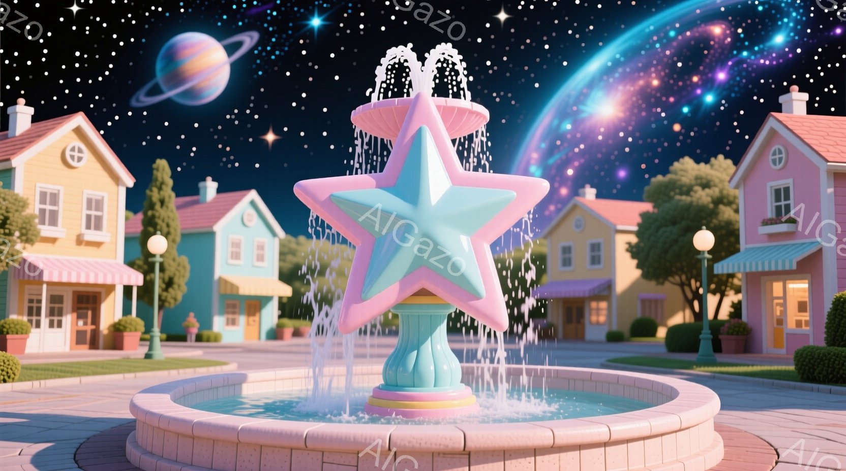 鮮やかなピンクと水色の噴水が公園の中心にあり、星形の飾りが特徴的です。背景にはパステルカラーの可愛らしい家々が並び、緑の低木や街灯が配置されています。空には虹色の光と惑星が浮かび、夢のような幻想的な雰 - AI生成フリー素材
