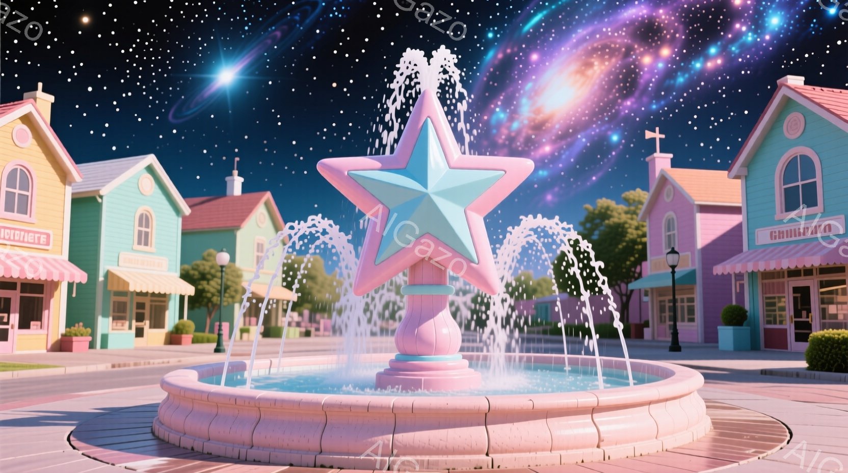 鮮やかなピンクと水色の建物が並ぶ街並みの中央に、星形の噴水が設置されています。噴水はピンク色を基調とし、水柱が夜空に向かって勢いよく噴き出しています。背景には星空が広がり、ファンタジーで夢幻的な雰囲気 - AI生成フリー素材