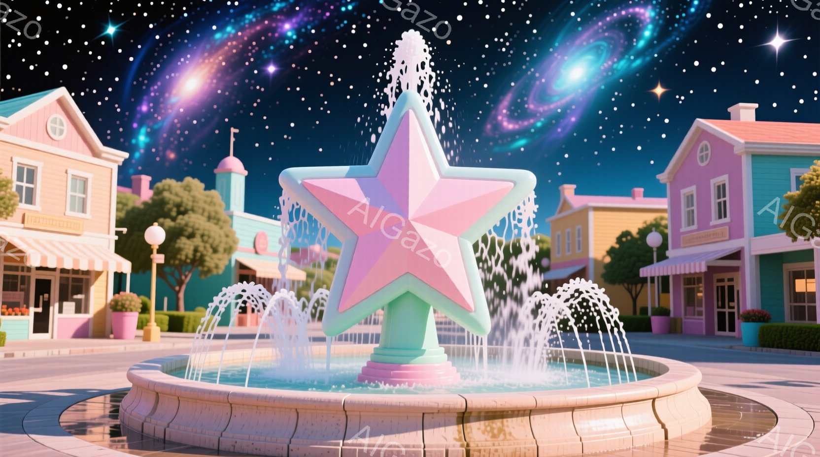鮮やかなピンクと水色の星形の噴水が、石造りの円形の台座の上に設置されています。背景には、パステルカラーの可愛らしい建物が並び、緑豊かな木々が点在しています。夜空には幻想的な銀河が広がり、全体的に夢幻的 - AI生成フリー素材