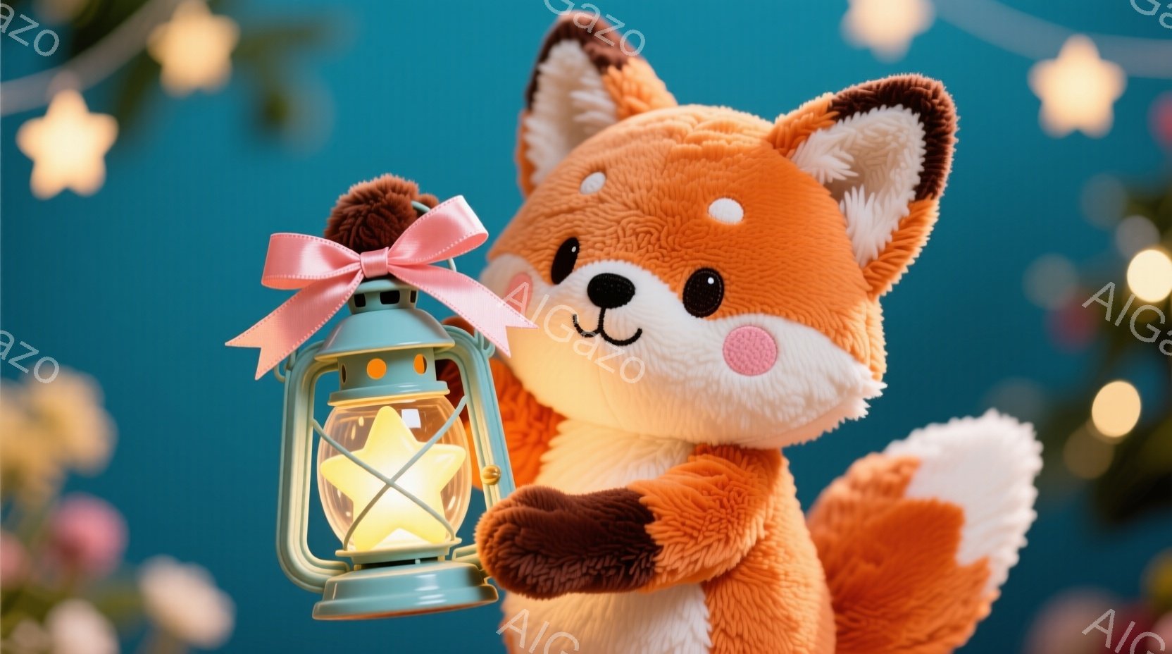 鮮やかなオレンジ色の毛並みを持つ、愛らしいキツネのぬいぐるみです。右手に水色の提灯を持ち、提灯の中には星形の光が灯っています。背景はターコイズブルーで、ぼやけた花や星形の光が散りばめられており、温かく - AI生成フリー素材