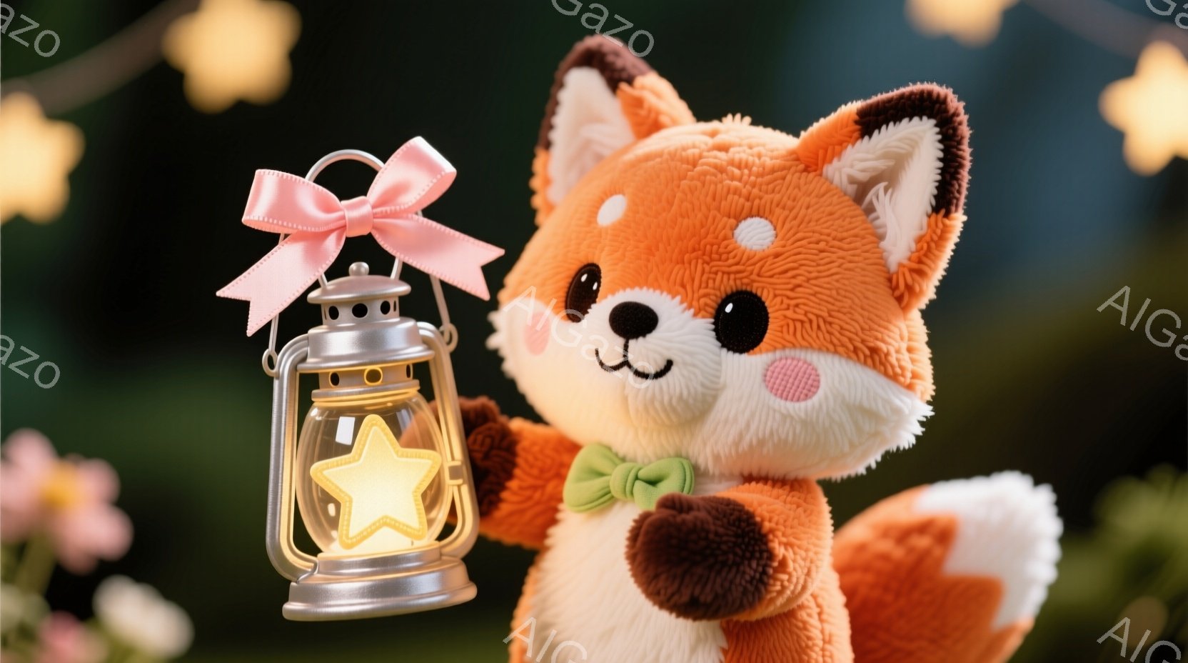 オレンジ色のふわふわしたキツネのぬいぐるみは、緑色のリボンと白いクリーム色の胸元が特徴です。キツネは銀色の提灯を持っており、提灯の中には星形の光が灯っています。背景はぼやけた花と光の点々で、暖かく幻想 - AI生成フリー素材