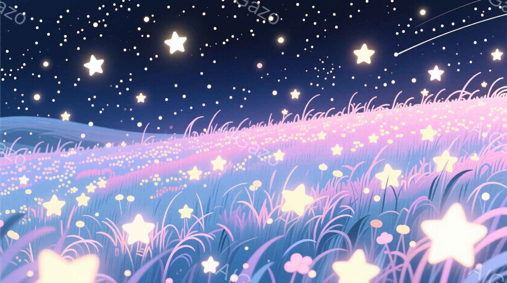 夜空を背景に、星が散りばめられた草原が描かれています。青と紫のグラデーションで表現された草は、光り輝く星々とともに幻想的な雰囲気を醸し出しています。全体的に柔らかく、夢見がちな印象を与えるイラストです - AI生成フリー素材
