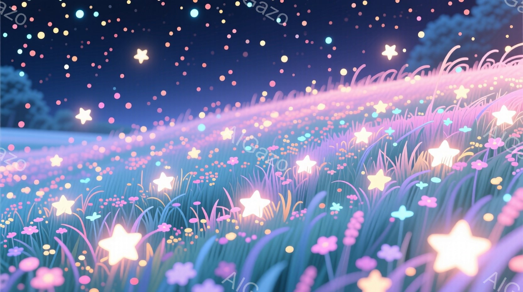 夜空を背景に、星が散りばめられた草原が描かれている。ピンクや紫色の草花が風に揺れ、明るい星の光が幻想的な雰囲気を醸し出している。全体的に柔らかく、夢のような色彩で、穏やかで平和な印象を与える。 - AI生成フリー素材