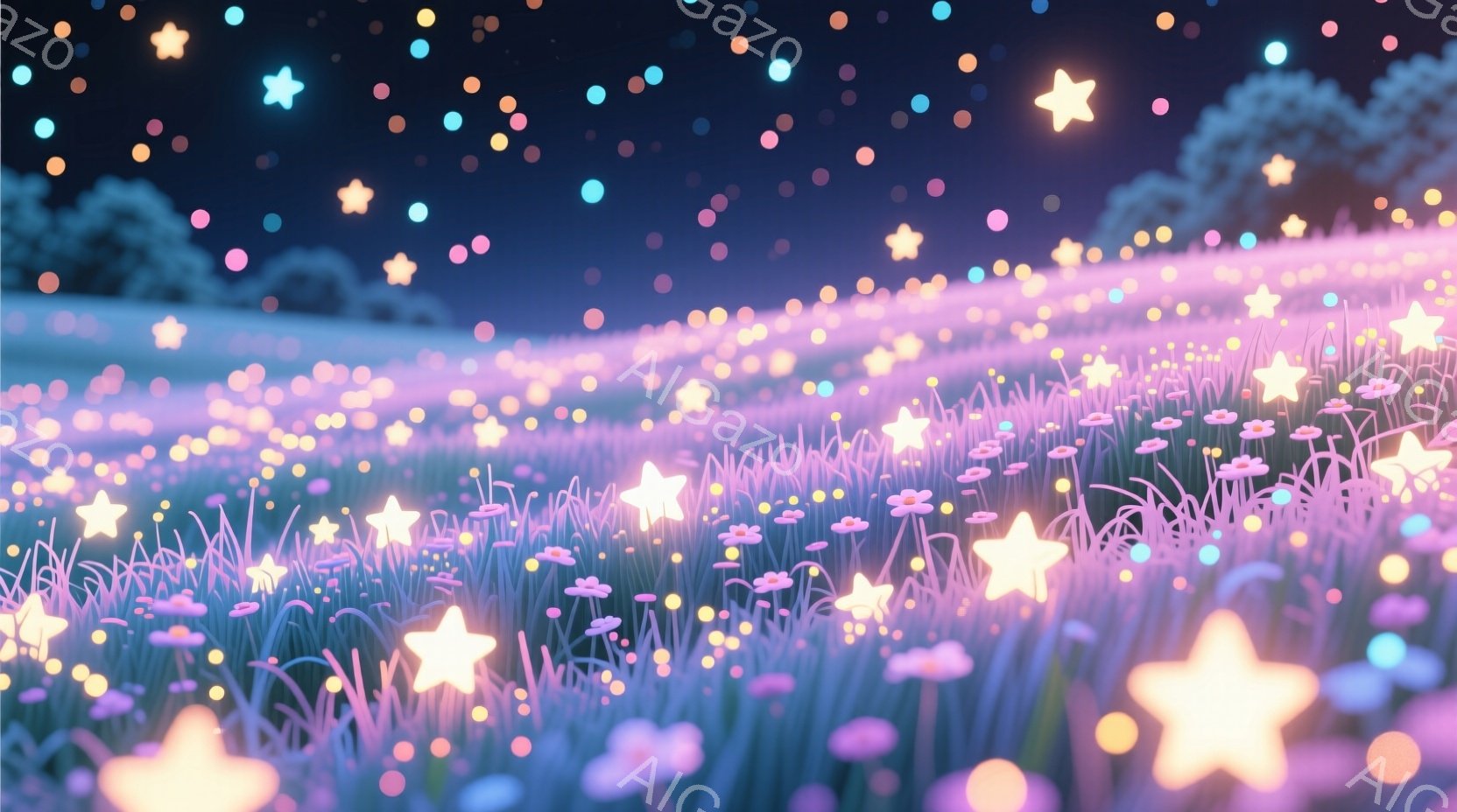 広大な草原が、幻想的な光で満たされている。紫色の草と、様々な大きさの光の星が、夜空を模した背景に散りばめられ、夢のような雰囲気を醸し出している。遠景には暗い緑の木々が見え、静かで穏やかな夜の情景が広が - AI生成フリー素材