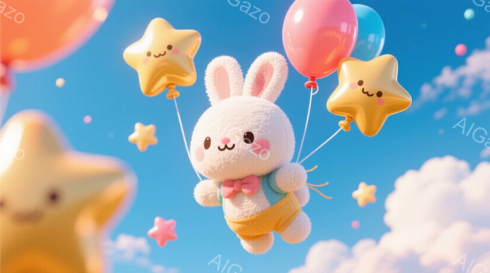 ふわふわの白いウサギが、パステルカラーの風船に吊り下げられて空を漂っています。ウサギは短いピンク色のリボンと、淡い緑色のオーバーオールを着ており、頬はほんのり赤く、愛らしい表情をしています。背景は明る - AI生成フリー素材