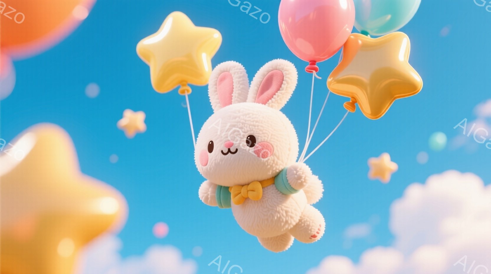 ふわふわの白いウサギが、黄色、ピンク、水色の星型風船に吊り下げられて空を飛んでいます。ウサギは小さな金色のリボンで結ばれた首輪を付けており、頬はほんのりピンク色で愛らしい表情をしています。背景は明るい - AI生成フリー素材