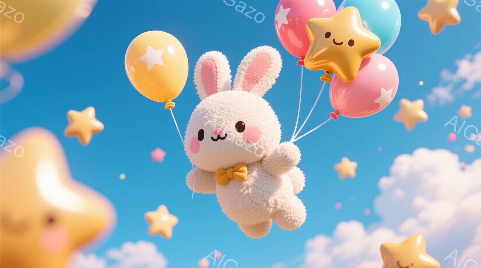 ふわふわの白いウサギが、黄色、ピンク、水色の風船につかまって空を飛んでいます。ウサギは小さな金色のリボンで結ばれており、丸い頬と優しい表情をしています。背景は明るい青空とふわふわの白い雲で、全体的に夢 - AI生成フリー素材