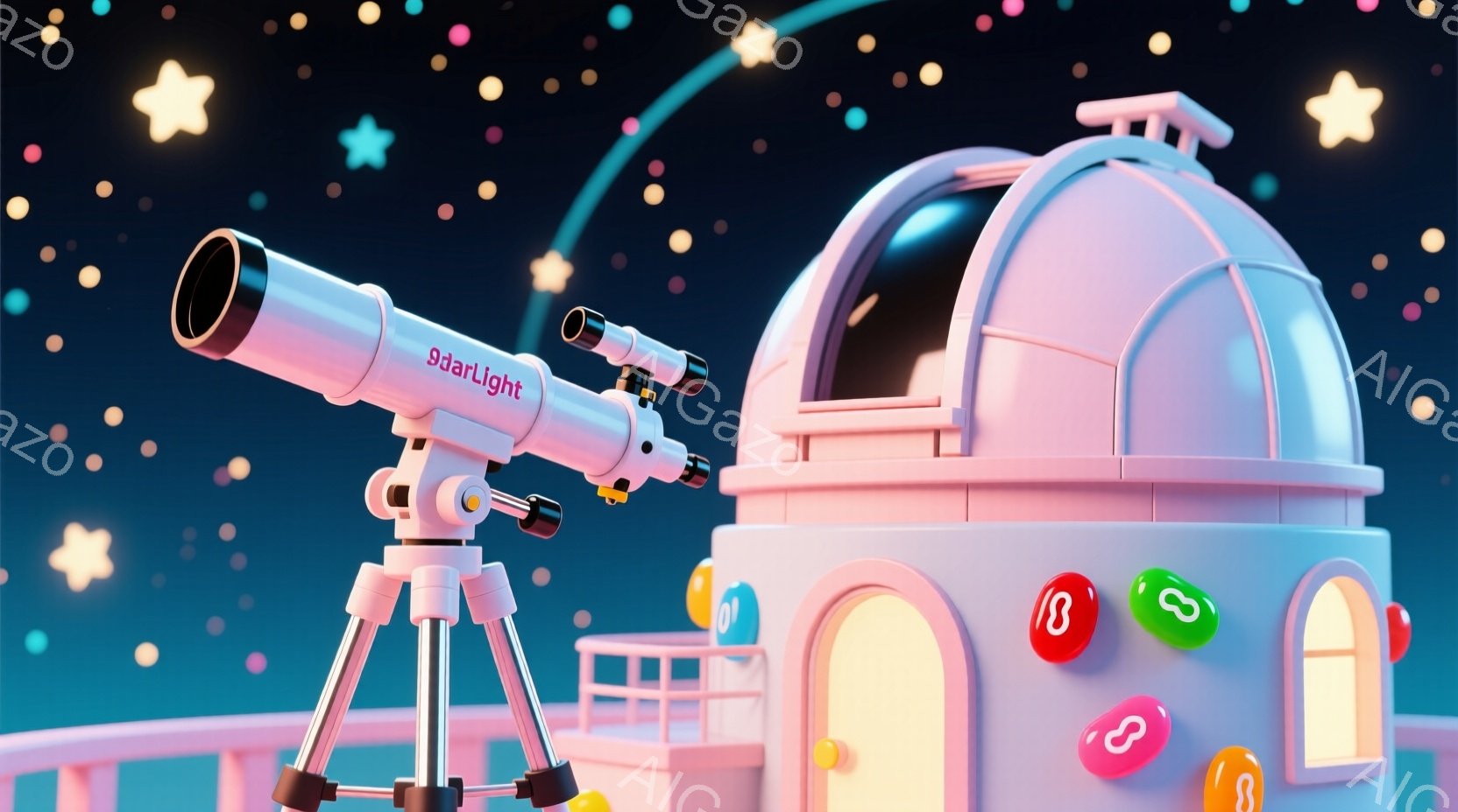 鮮やかなピンク色の建物と望遠鏡が印象的な画像です。建物は丸みを帯びた可愛らしいデザインで、キャンディーのような装飾が散りばめられています。背景は夜空をイメージしており、星が輝き、幻想的な雰囲気を醸し出 - AI生成フリー素材